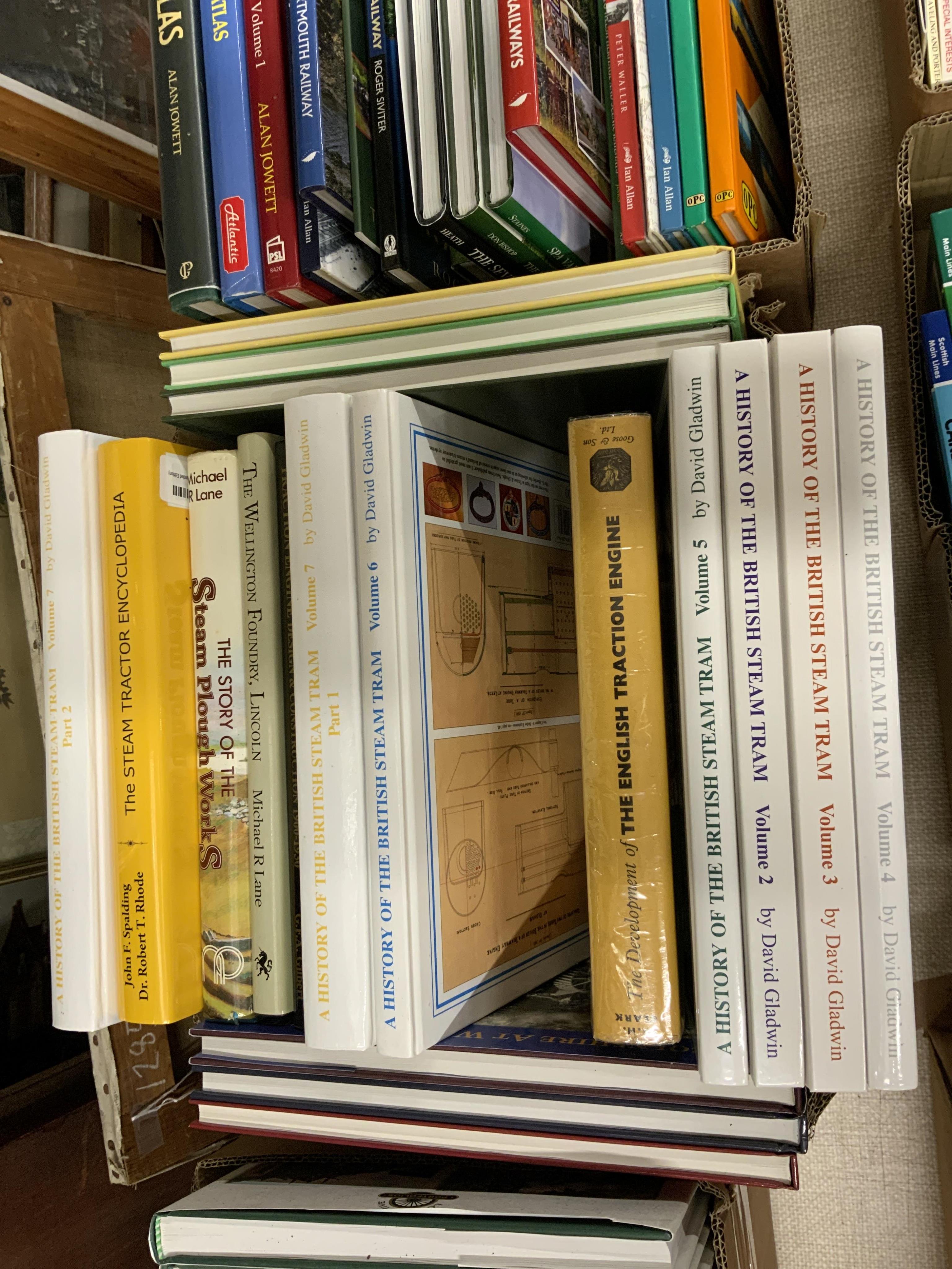 Eight boxes of railway related books, etc. subjects include; Indian railways, United States railways, Great Western Railway, steam trams, Union Pacific Railway, etc. publishers include; Middleton Press, Ian Allan, David
